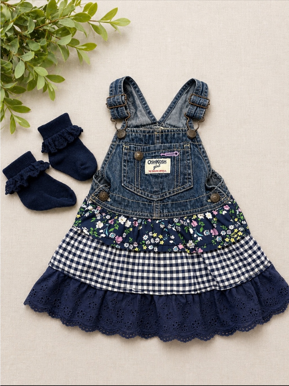 OshKosh B’gosh Girl Denim Overall Dress Floral Gingham Eyelet 24 Months + Socks